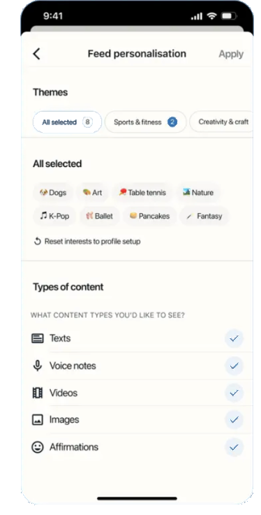 Feed personalisation screen